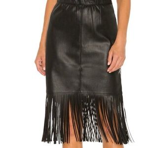 Brochu Walker Black Leather Pencil Skirt with Fringe